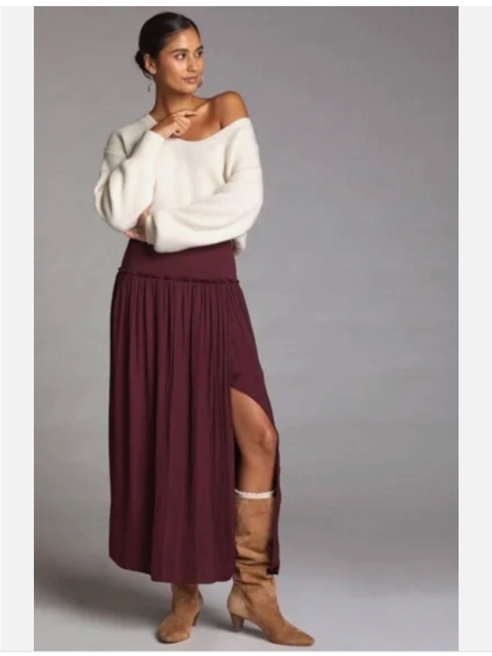 Anthropologie Current Air Wine Red Drop Waist Maxi Skirt with Side Slit Size S